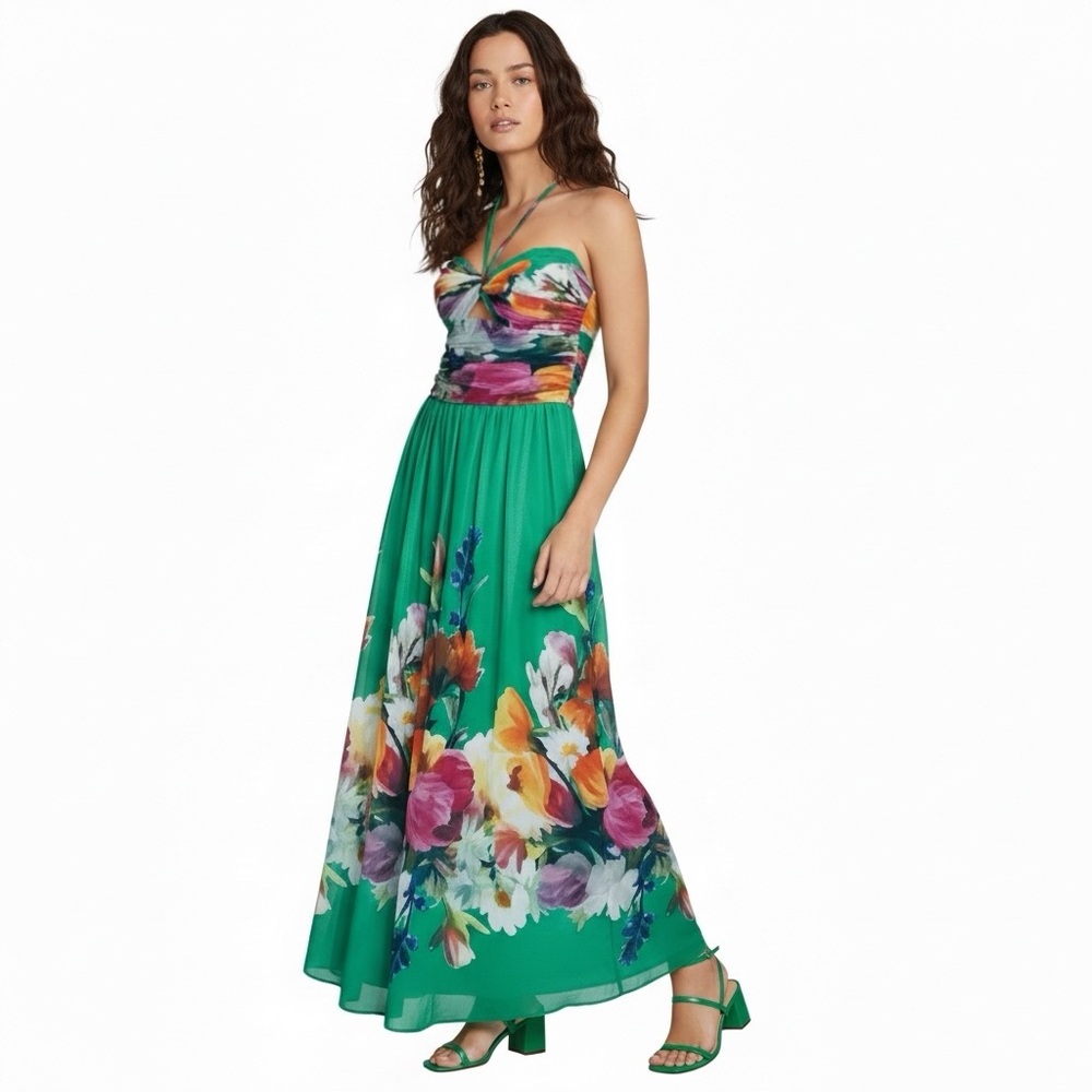 $259 Betsy & Adam Women's Green Long Placement HMC Printed Tie Neck Dress Sz 6